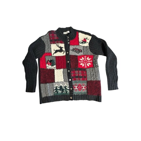 Casual Corner VTG 100% Lambswool Christmas Knit Button Up Cardigan Sweater Sz XL - Picture 1 of 8